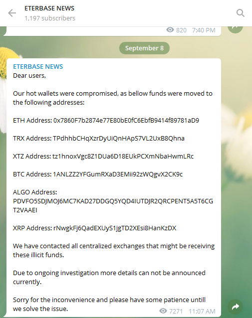 Screenshot of Eterbase Official Announcement on Telegram Channel