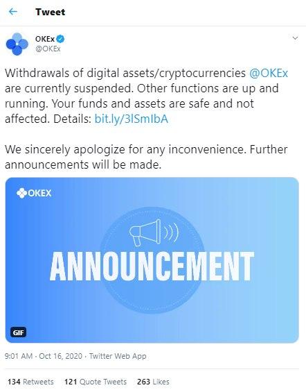 OKEx Twitter announcement