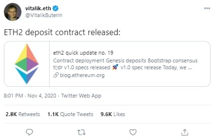 Vitalik Tweet on ETH2 Deposit Contract Release