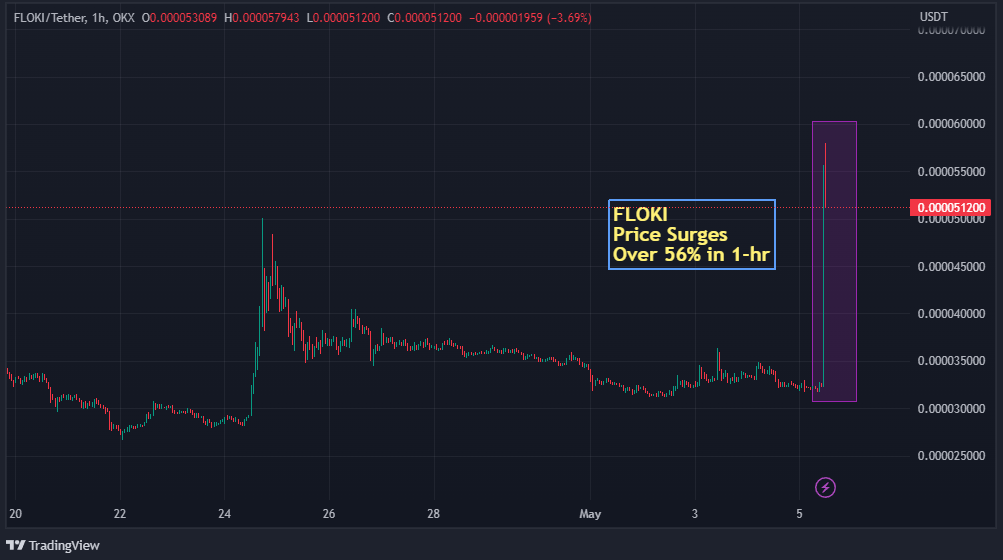 El precio de Floki aumentó un 56% en tan solo una hora después del reciente anuncio de su listado en el intercambio de criptomonedas Binance.